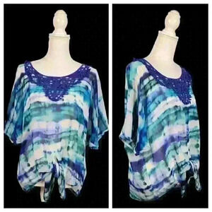 CHAUS Woman Multi-Color Top Sheer TIE Hem Lightweight OCEAN Colors size Lg 10 12